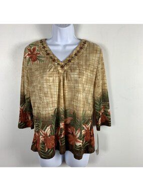 Alfred Dunner Birds Of Paradise Petite Medium Top Beige Floral Embellished V-Nec